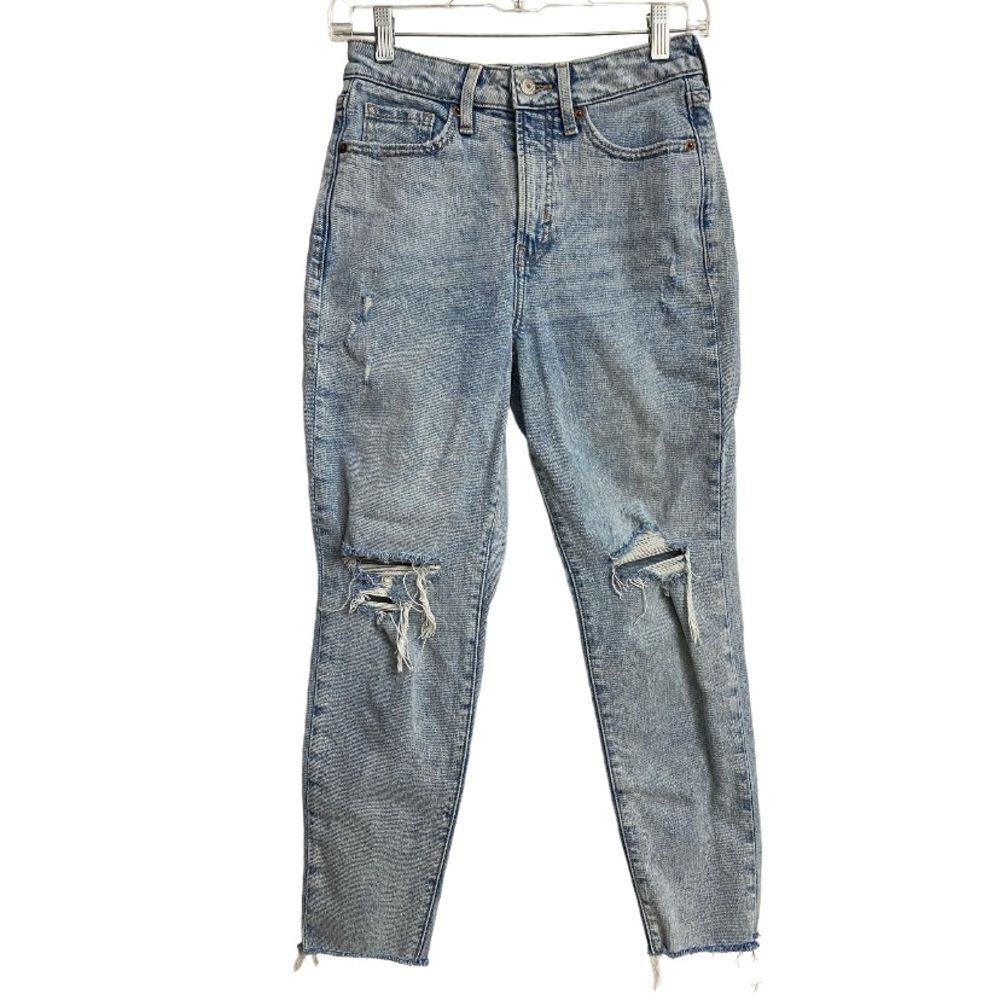 Old Navy Womens Higher High Rise OG Straight Jeans 0P Light Wash Distress Ripped